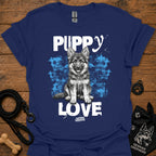 Navy blue crewneck t-shirt with Puppy Love dog graphic