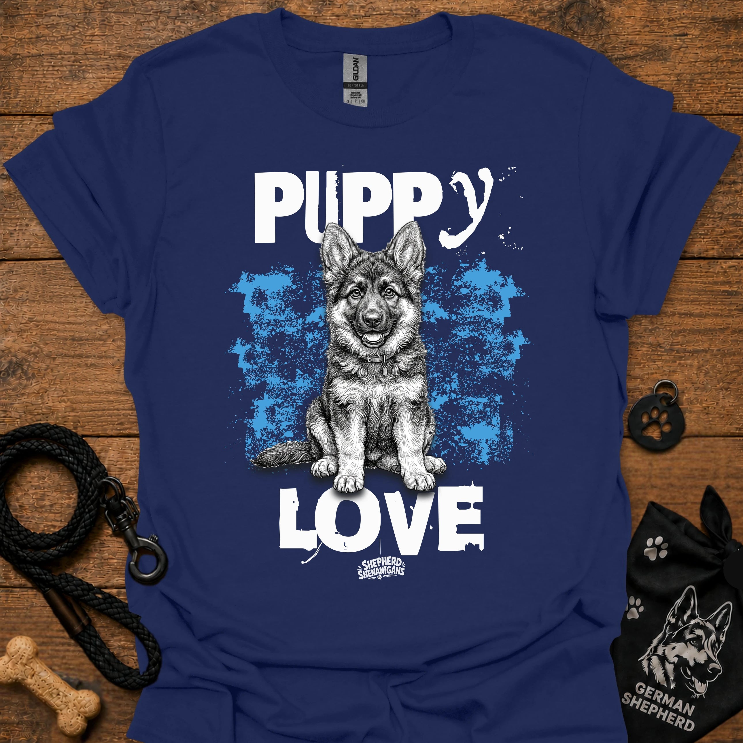Navy blue crewneck t-shirt with Puppy Love dog graphic
