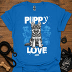 Royal blue crewneck t-shirt with Puppy Love dog graphic
