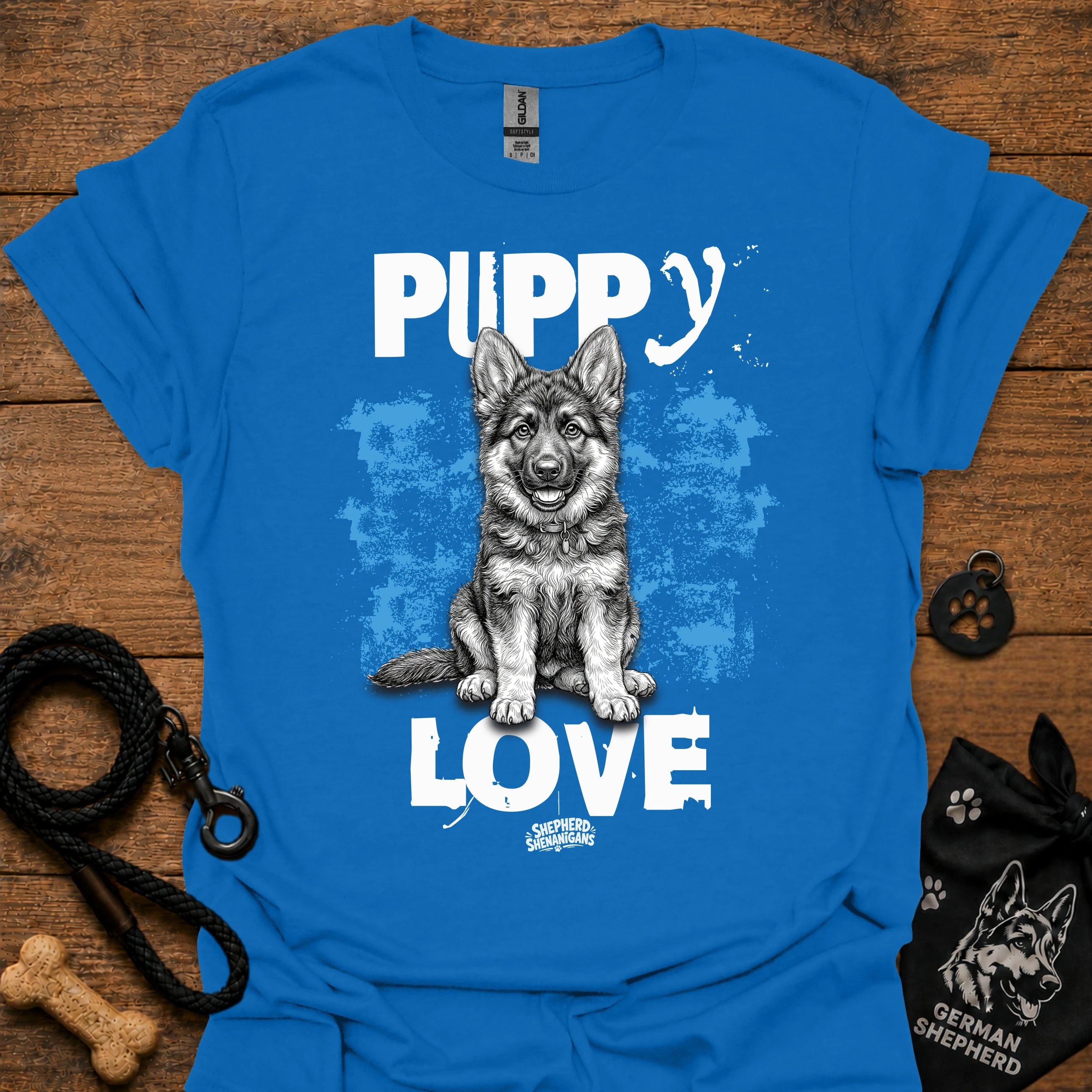 Royal blue crewneck t-shirt with Puppy Love dog graphic