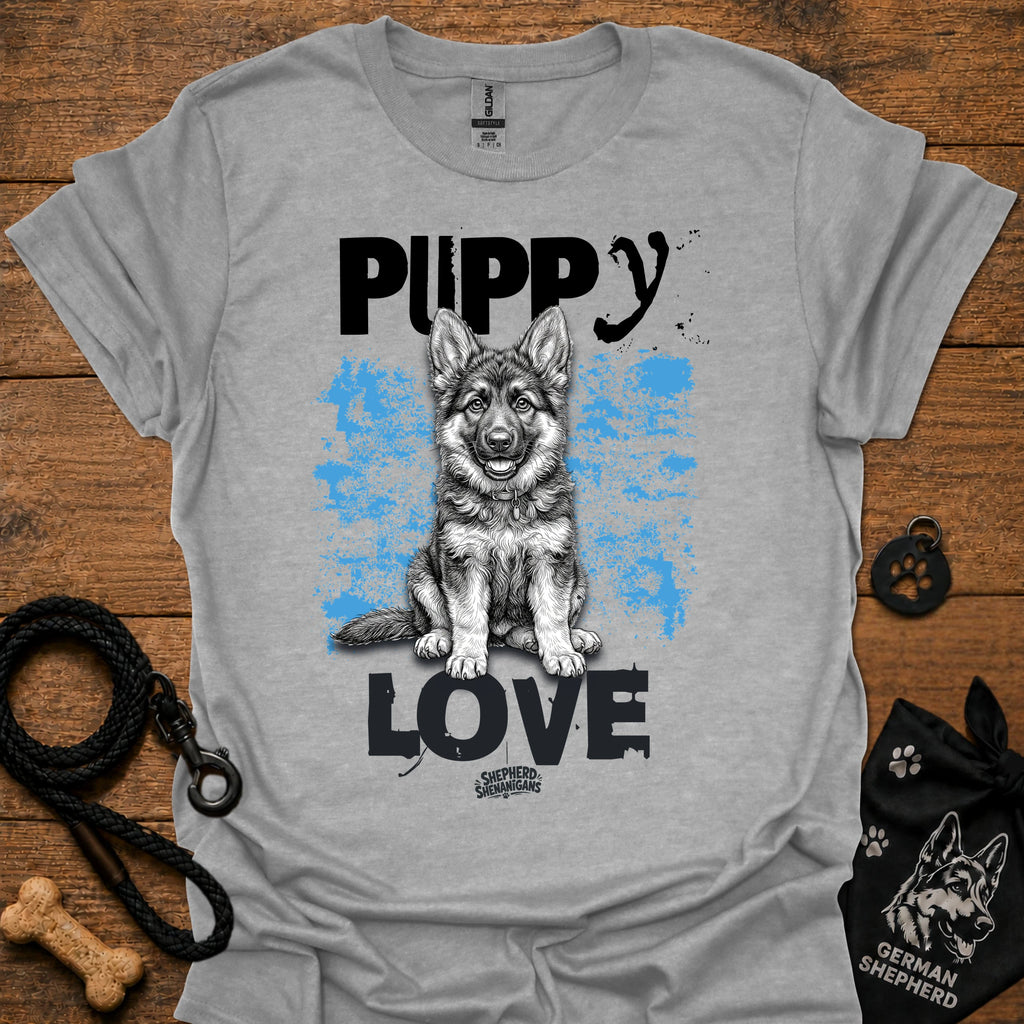 Heather gray crewneck t-shirt with Puppy Love dog graphic