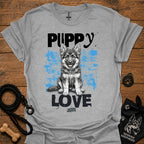 Heather gray crewneck t-shirt with Puppy Love dog graphic