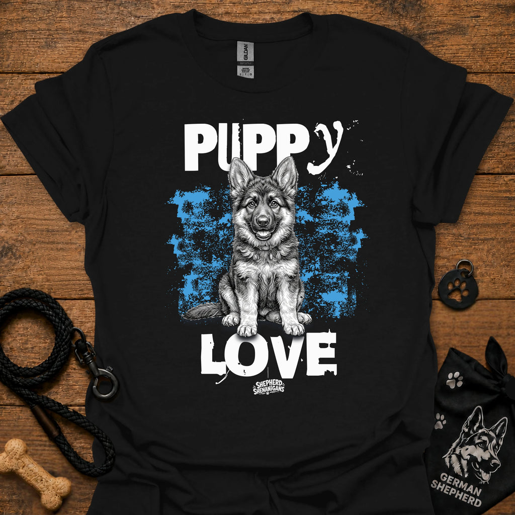 Black dog graphic t-shirt with 'Puppy Love' puppy portrait