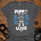 Dark gray dog graphic t-shirt with 'Puppy Love' puppy portrait