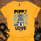 Gold dog graphic t-shirt with 'Puppy Love' puppy portrait