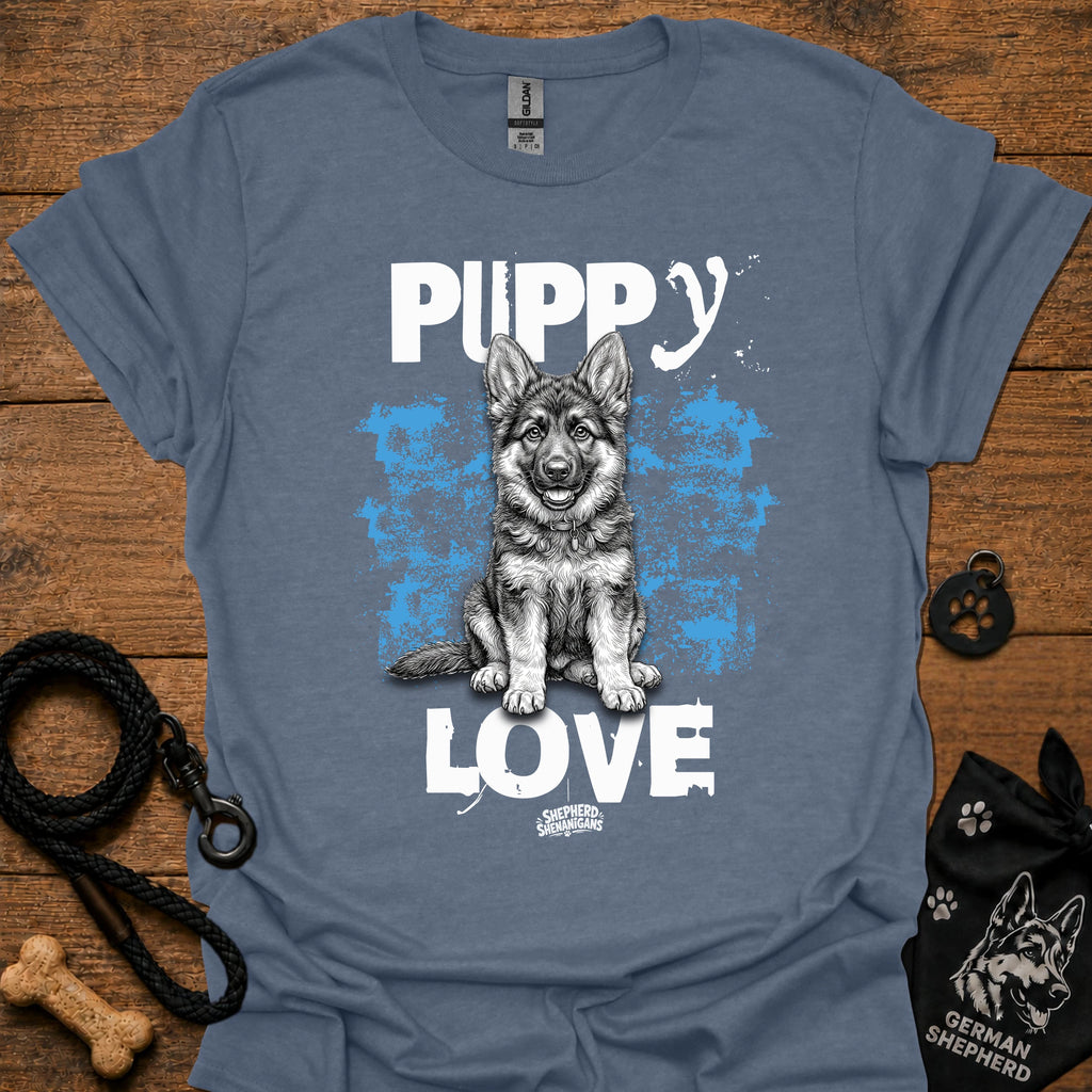 Blue dog graphic t-shirt with 'Puppy Love' puppy portrait