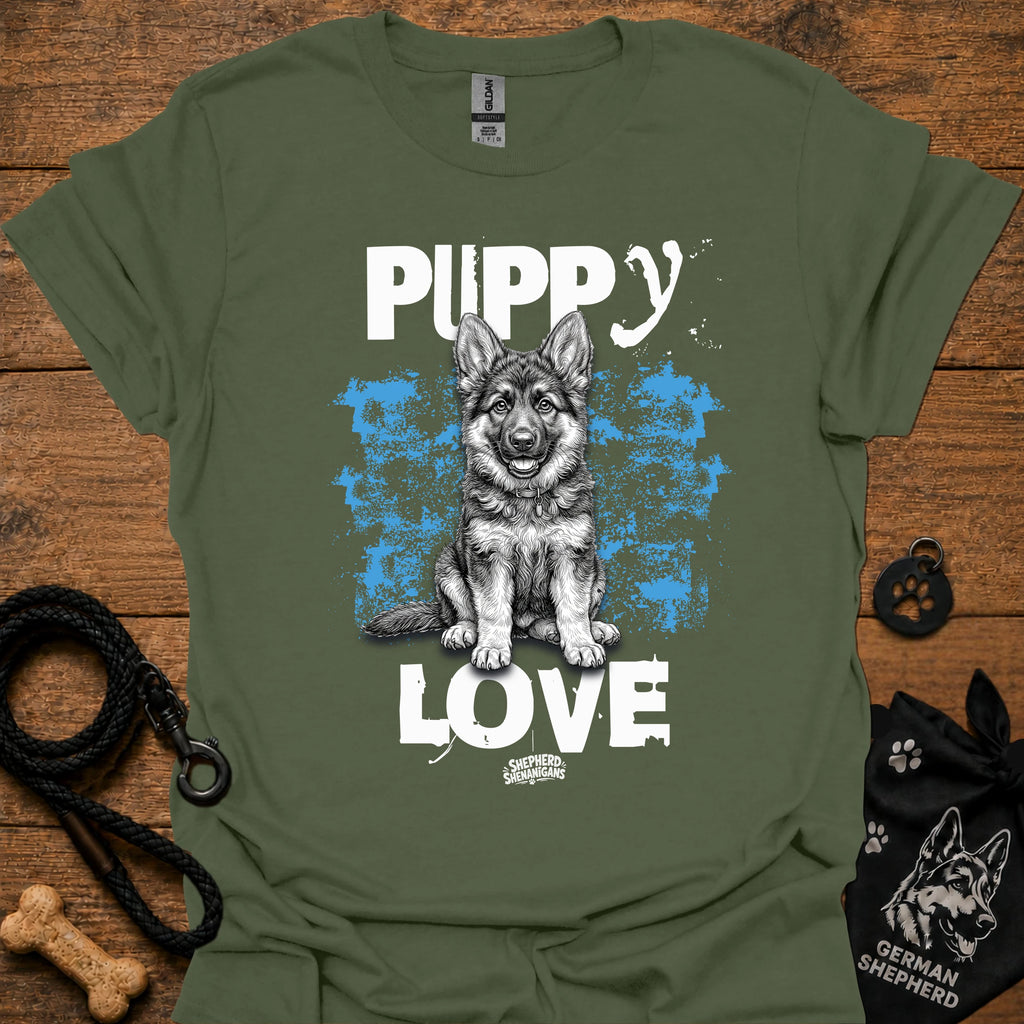 Olive green dog graphic t-shirt with 'Puppy Love' puppy portrait