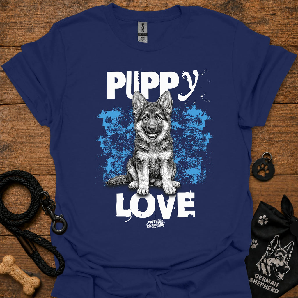 Navy dog graphic t-shirt with 'Puppy Love' puppy portrait