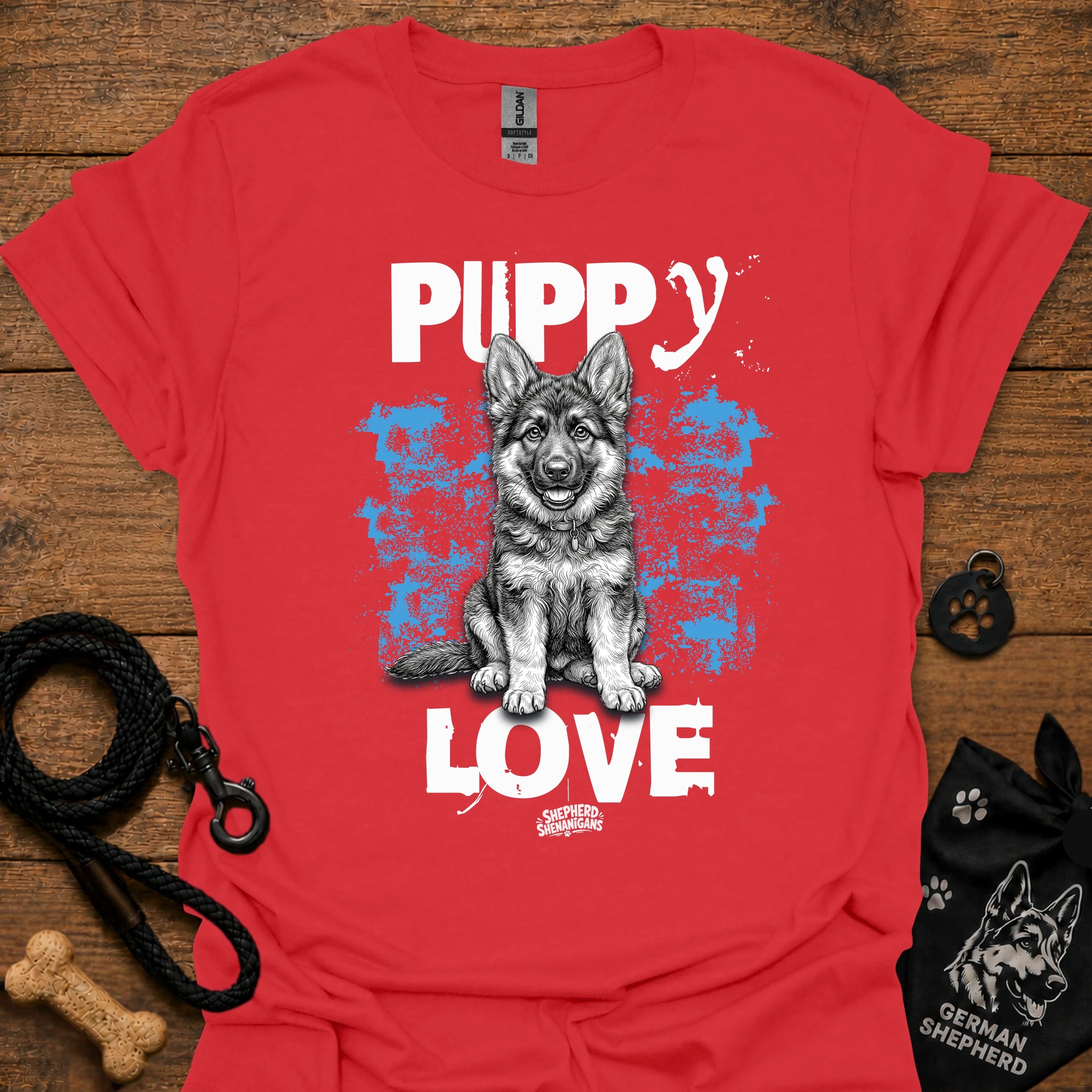 Red dog graphic t-shirt with 'Puppy Love' puppy portrait