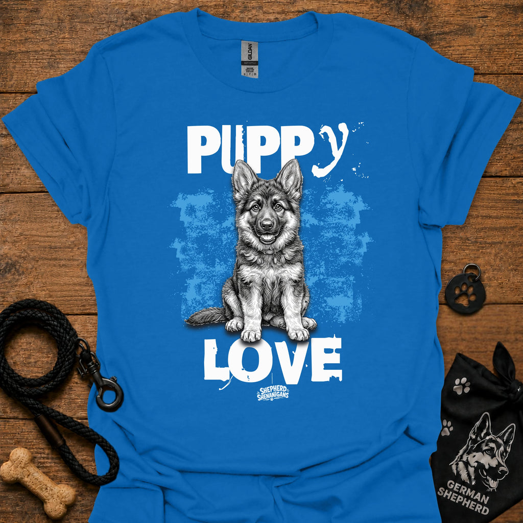 Royal blue dog graphic t-shirt with 'Puppy Love' puppy portrait