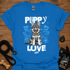 Royal blue dog graphic t-shirt with 'Puppy Love' puppy portrait