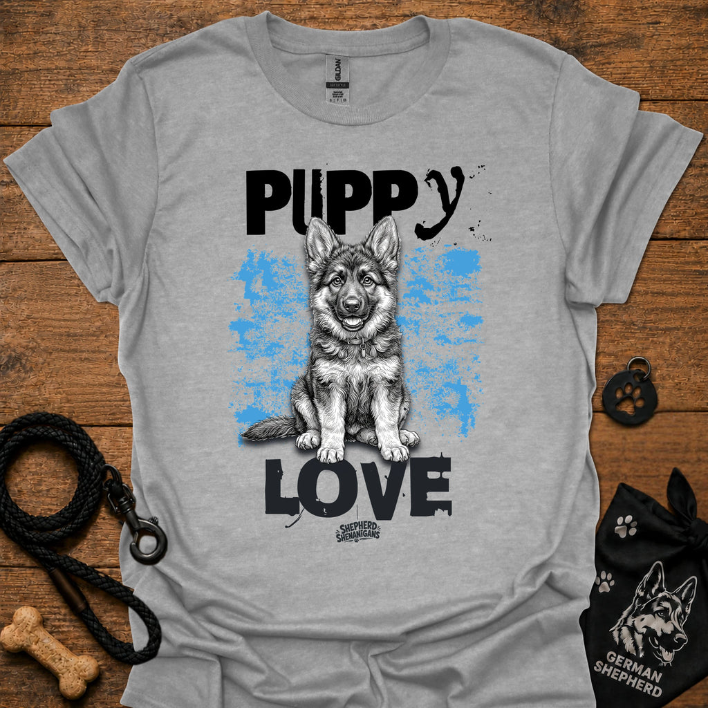 Heather gray dog graphic t-shirt with 'Puppy Love' puppy portrait