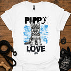 White dog graphic t-shirt with 'Puppy Love' puppy portrait