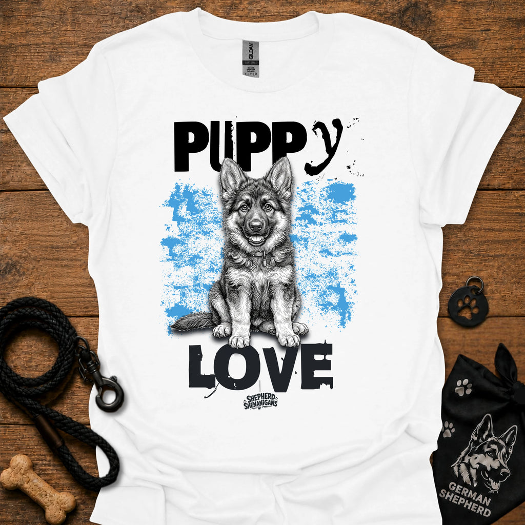 White crewneck t-shirt with Puppy Love dog graphic