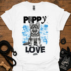 White crewneck t-shirt with Puppy Love dog graphic
