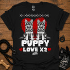 Black kids dog T-shirt with two gray puppies, red hearts, and 'PUPPY LOVE X2' print.
