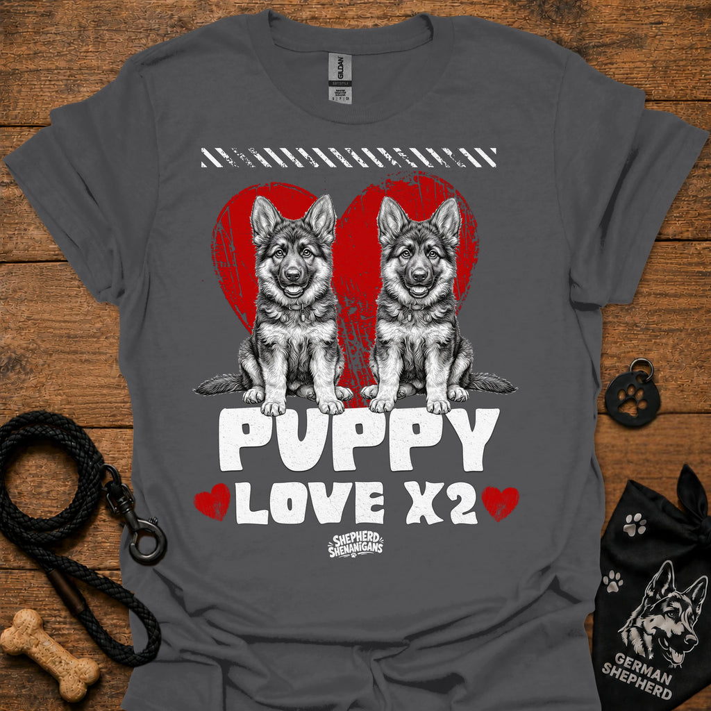 Charcoal kids dog T-shirt with two gray puppies, red hearts, and 'PUPPY LOVE X2' print.