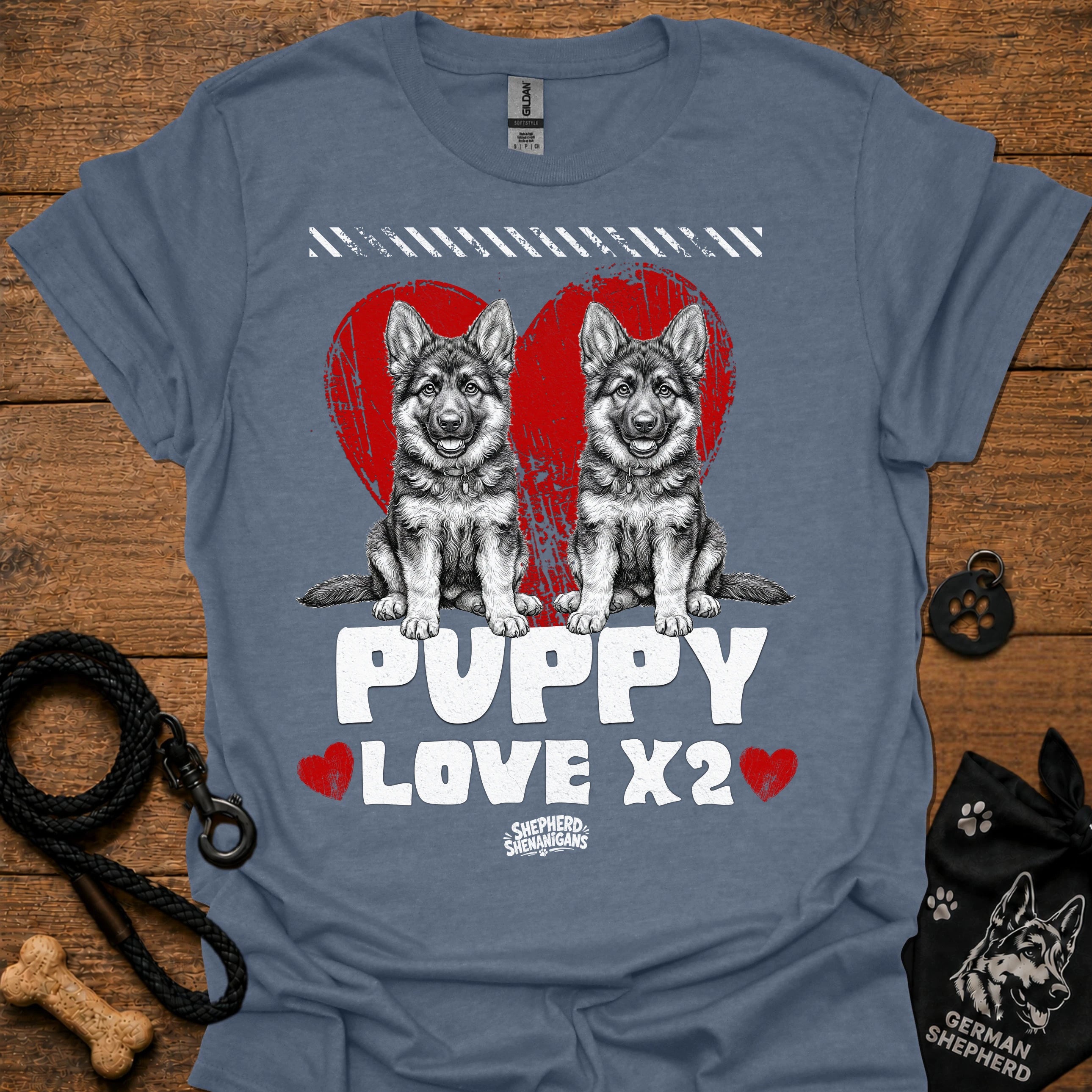 Denim blue kids dog T-shirt with two gray puppies, red hearts, and 'PUPPY LOVE X2' print.