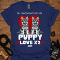 Navy kids dog T-shirt with two gray puppies, red hearts, and 'PUPPY LOVE X2' print.