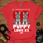 Red kids dog T-shirt with two gray puppies, red hearts, and 'PUPPY LOVE X2' print.