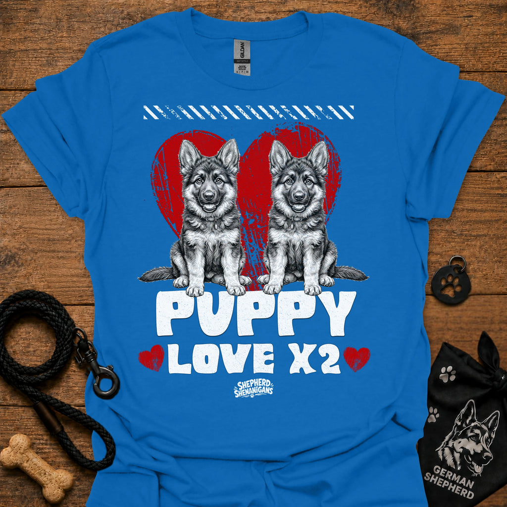 Royal blue kids dog T-shirt with two gray puppies, red hearts, and 'PUPPY LOVE X2' print.