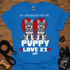 Royal blue kids dog T-shirt with two gray puppies, red hearts, and 'PUPPY LOVE X2' print.