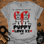 Sport gray kids dog T-shirt with two gray puppies, red hearts, and 'PUPPY LOVE X2' print.