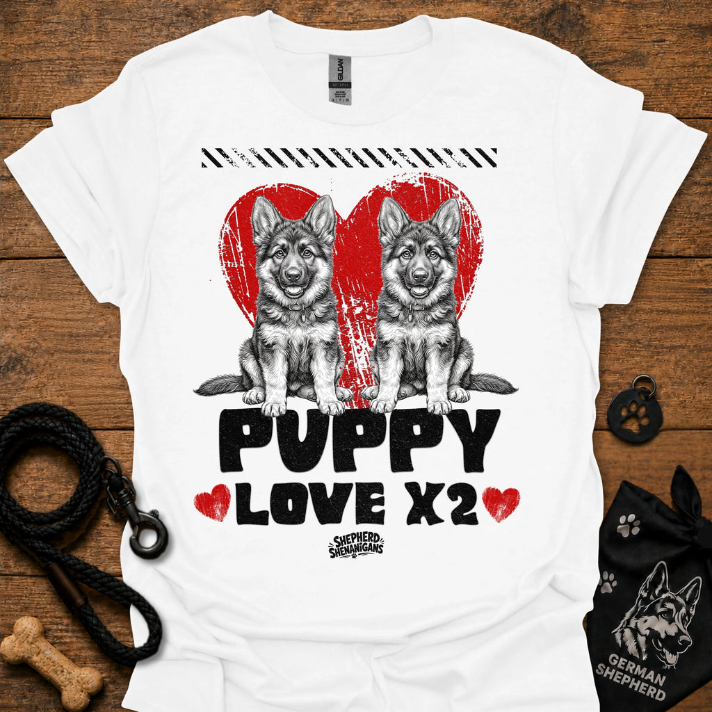 White kids dog T-shirt with two gray puppies, red hearts, and 'PUPPY LOVE X2' print.