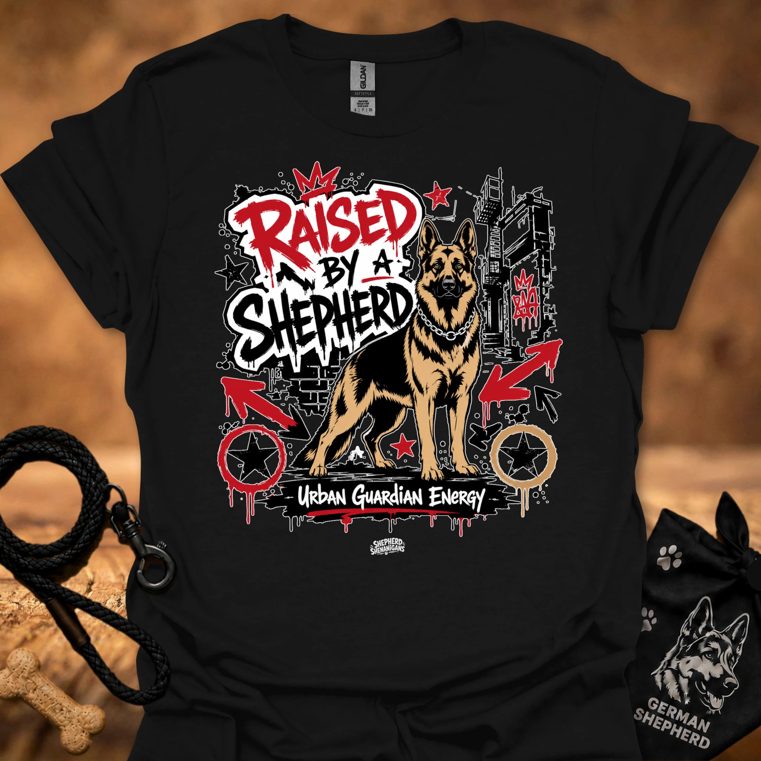 Black T-shirt with German shepherd street-art slogan graphic