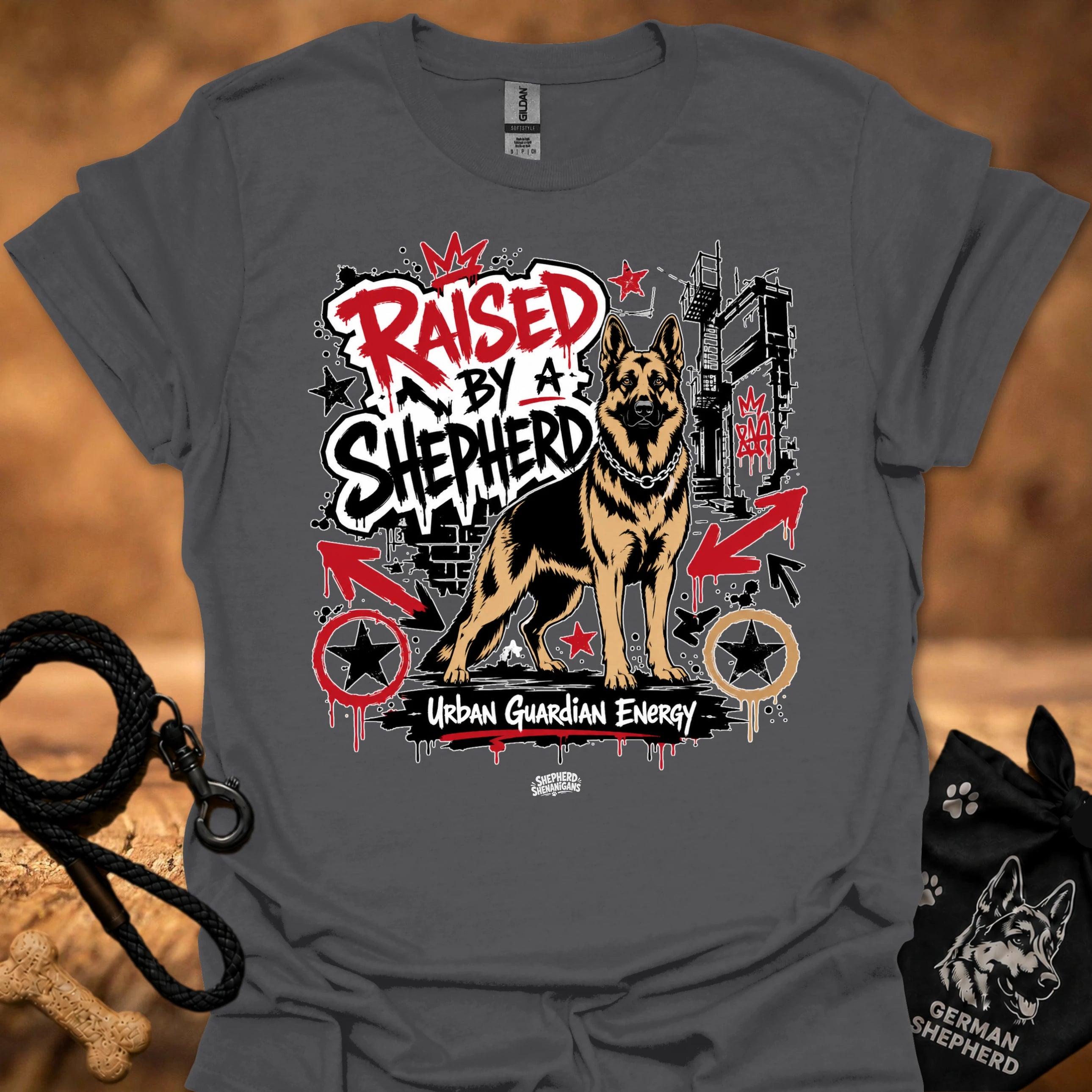 Charcoal T-shirt with German shepherd street-art slogan graphic