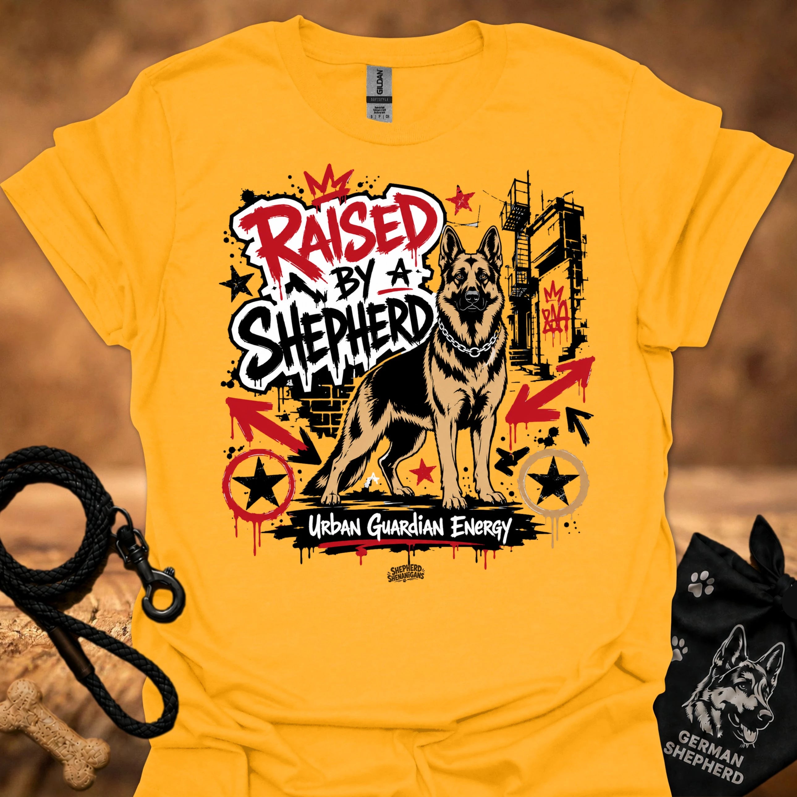 Gold T-shirt with German shepherd street-art slogan graphic