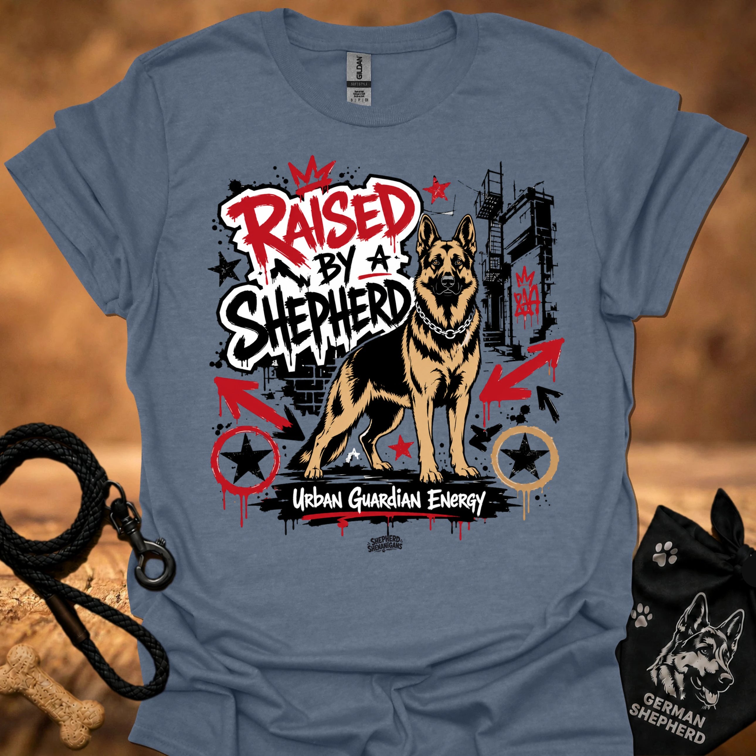 Heather indigo T-shirt with German shepherd street-art slogan graphic