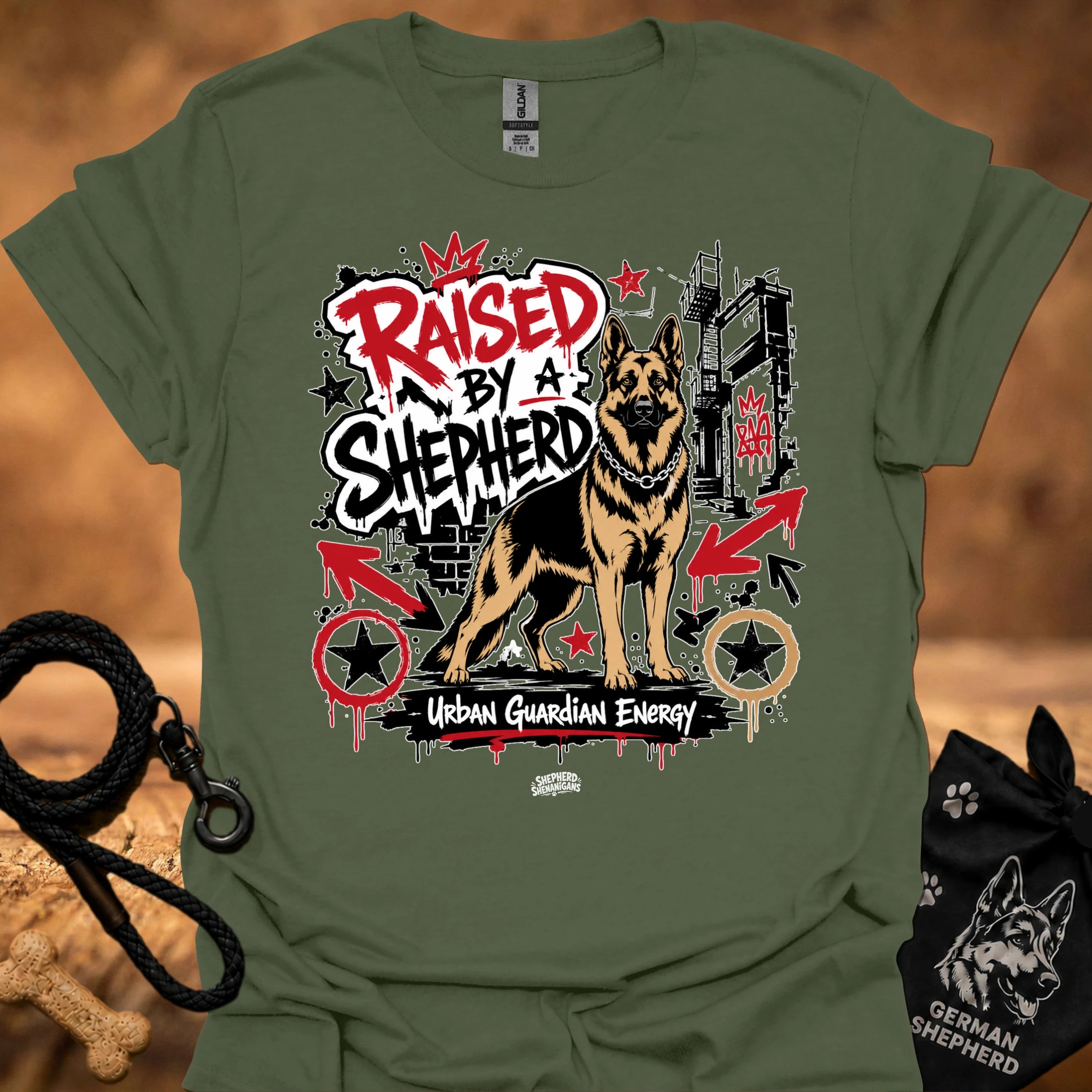Military green T-shirt with German shepherd street-art slogan graphic