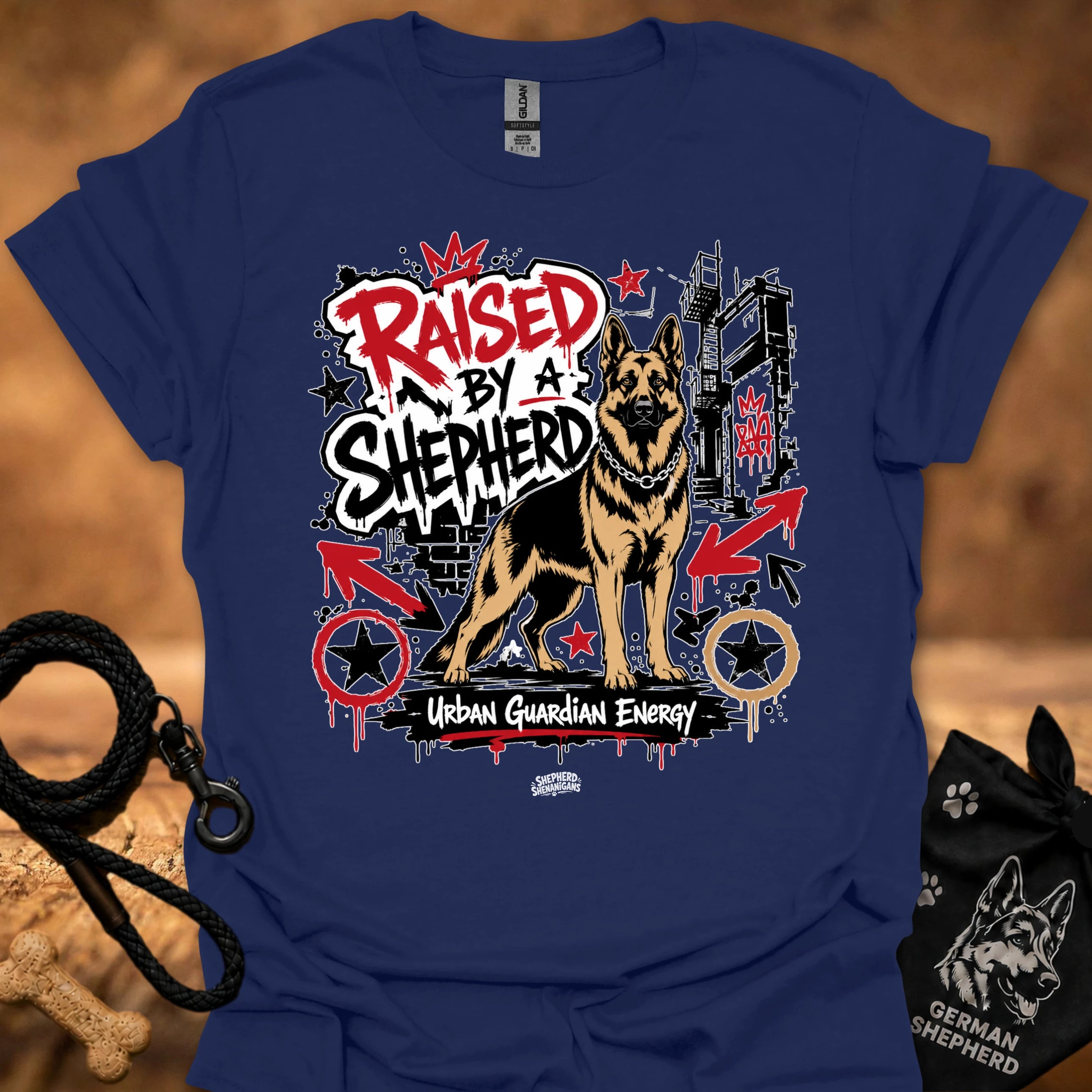 Navy T-shirt with German shepherd street-art slogan graphic