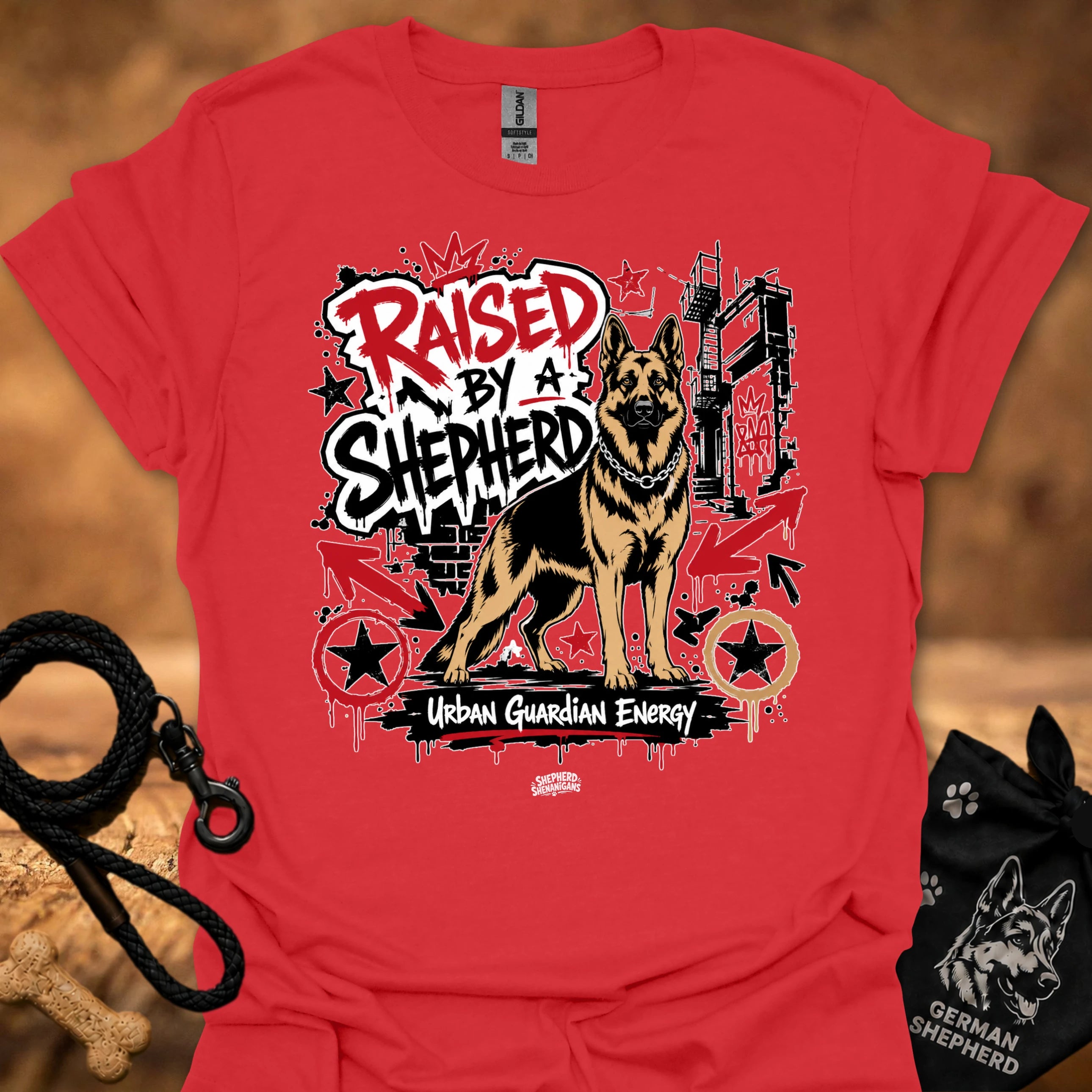 Red T-shirt with German shepherd street-art slogan graphic