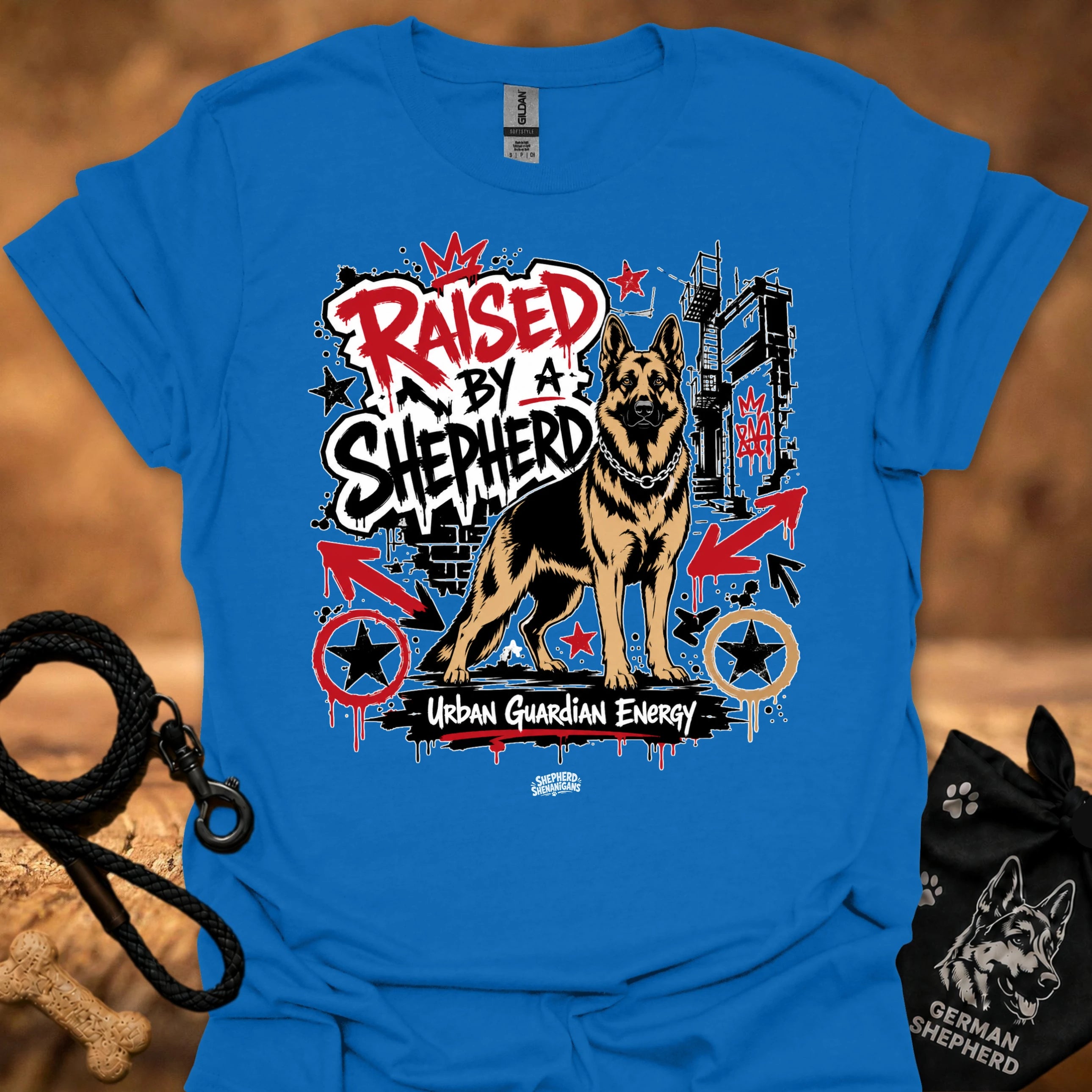 Royal blue T-shirt with German shepherd street-art slogan graphic