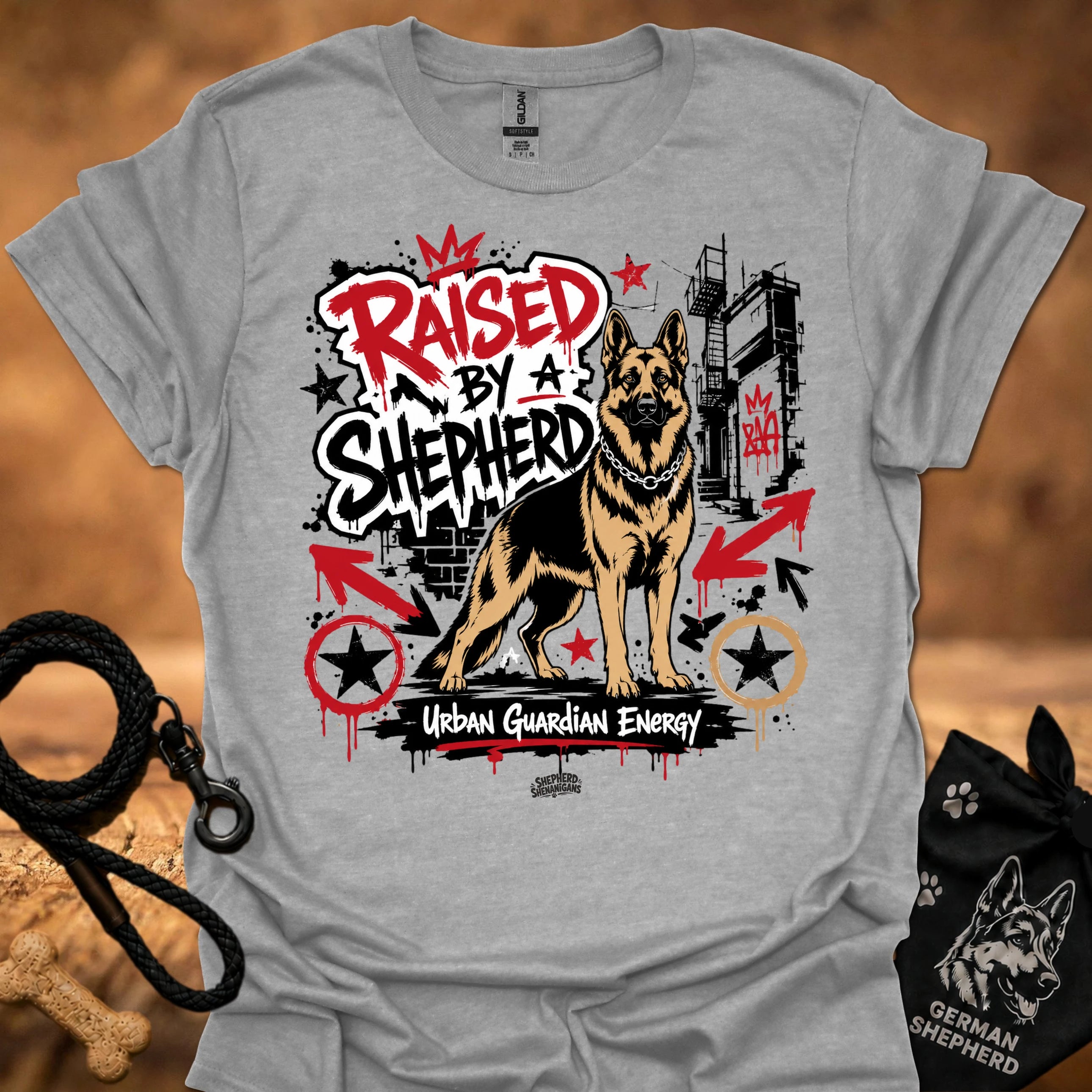 Sport grey T-shirt with German shepherd street-art slogan graphic