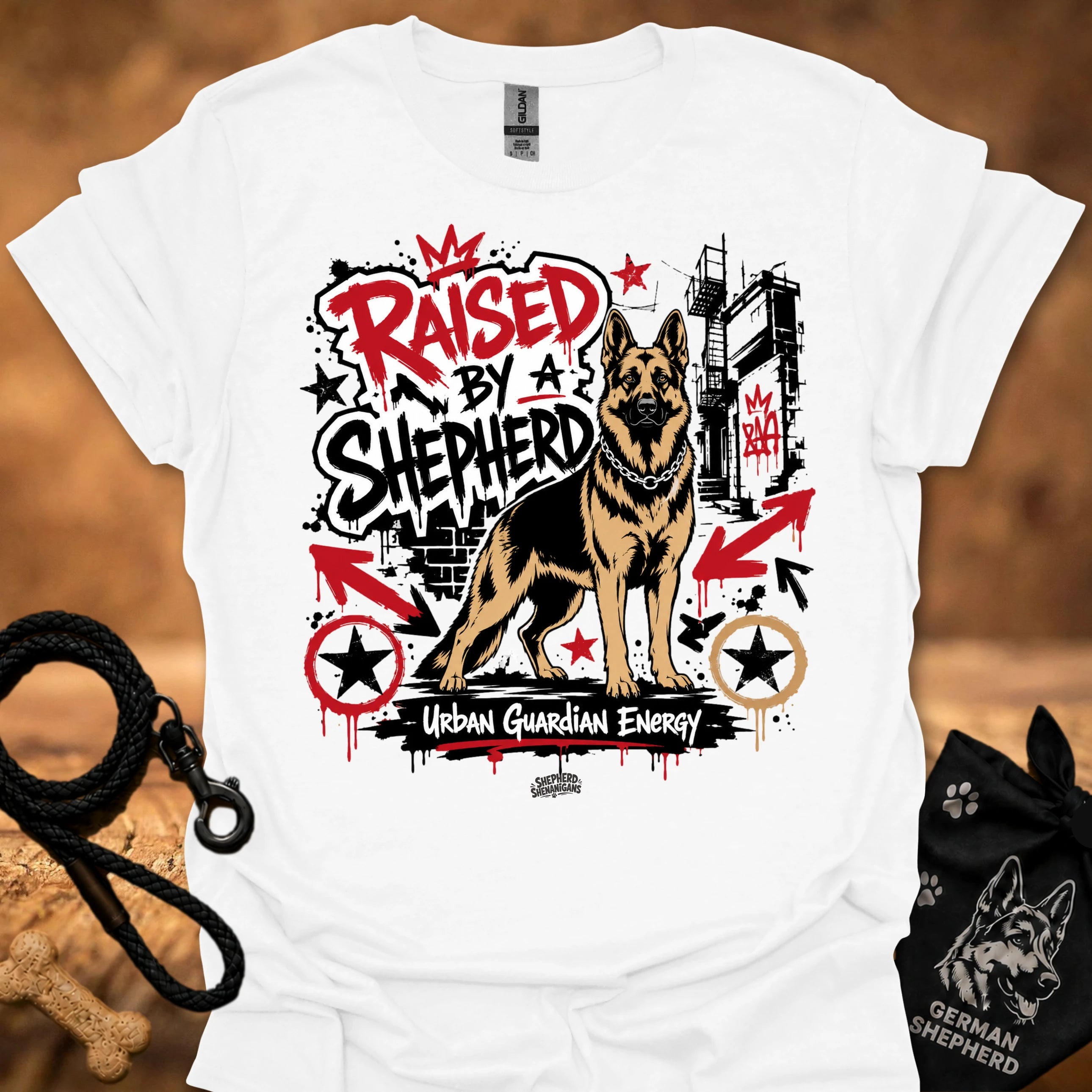White T-shirt with German shepherd street-art slogan graphic
