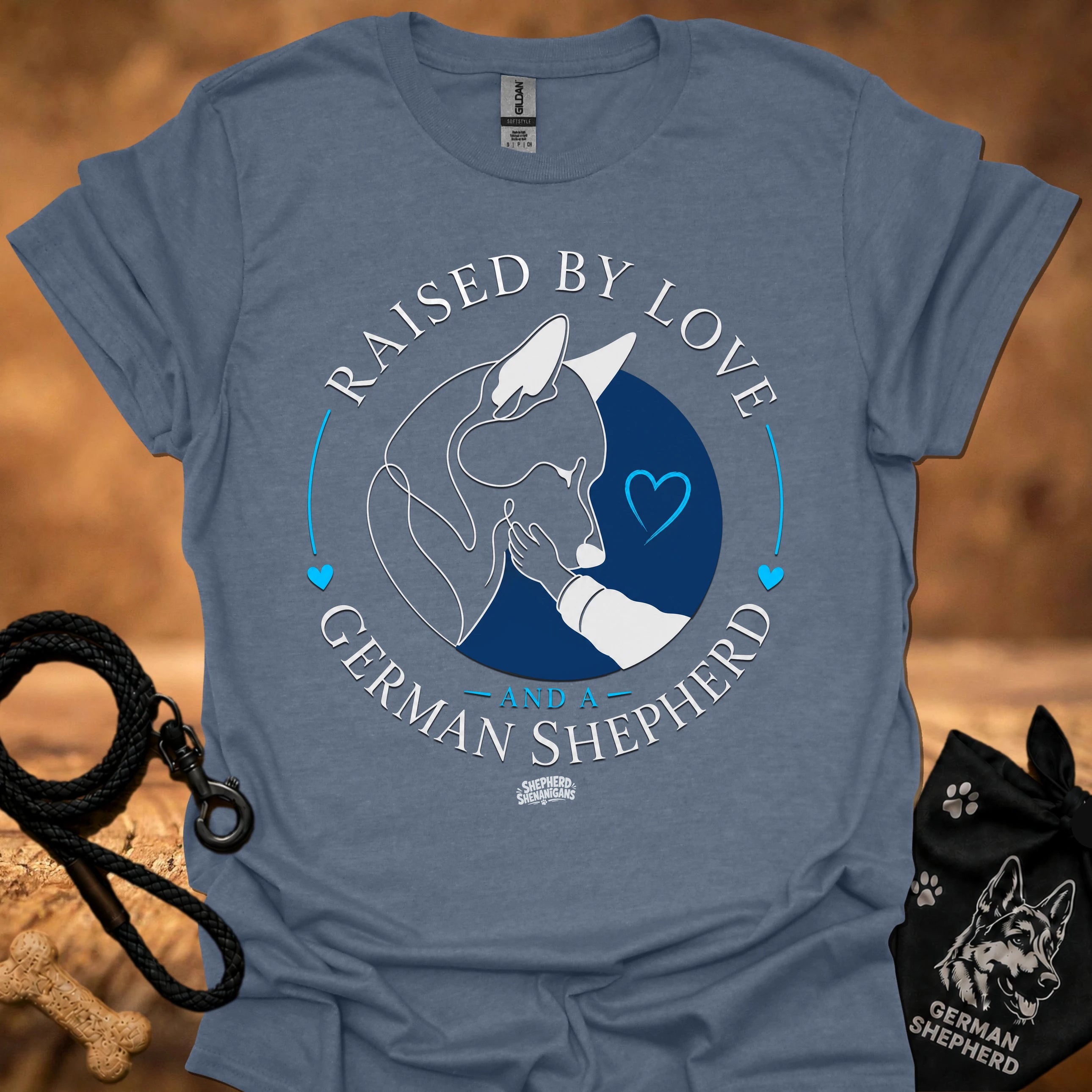Heather indigo T-shirt with Raised By Love German Shepherd graphic and blue heart circle
