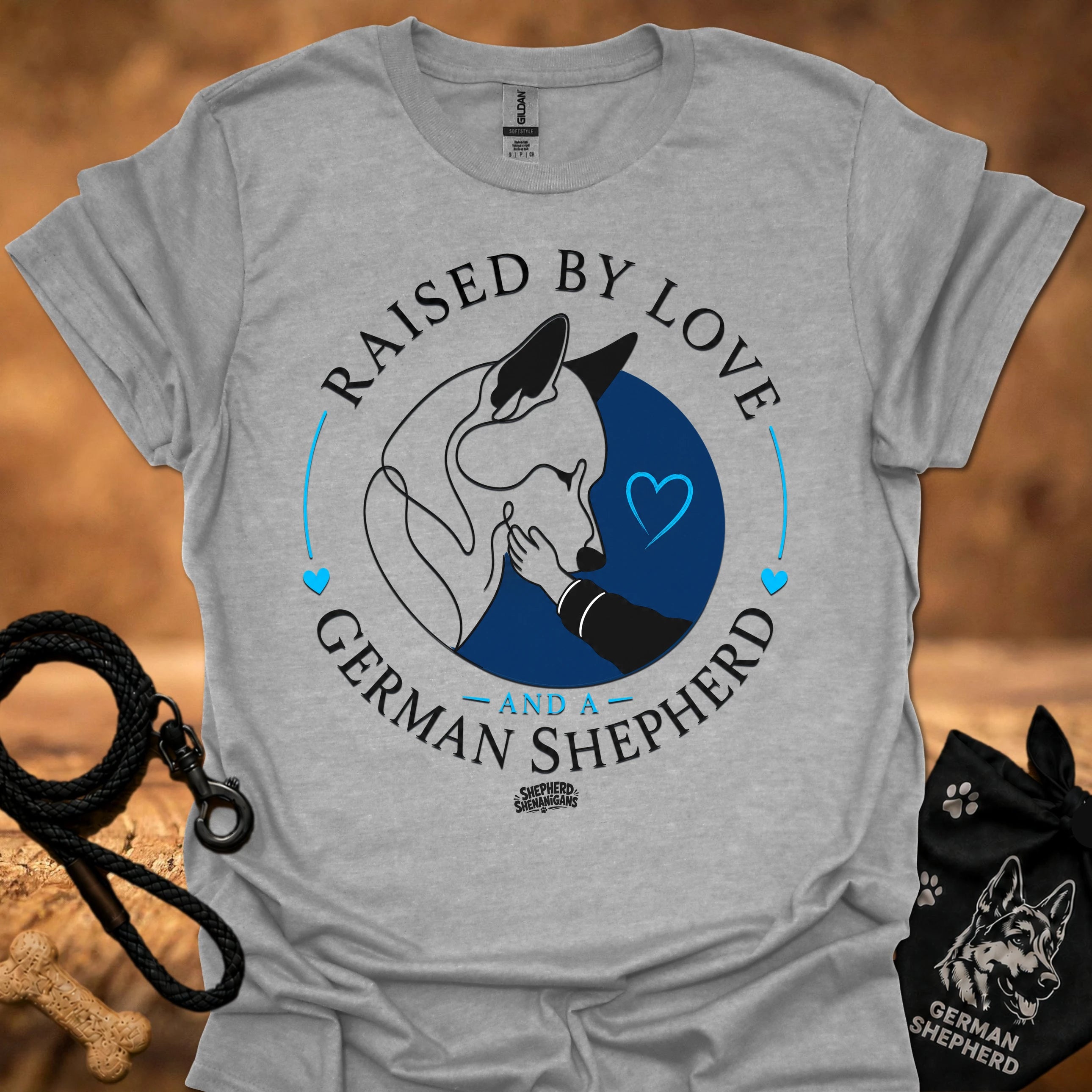 Sport grey T-shirt with Raised By Love German Shepherd graphic and blue heart circle