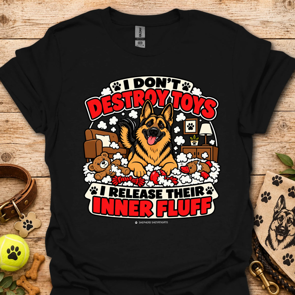 Black T-shirt with large dog graphic and “Inner Fluff” slogan