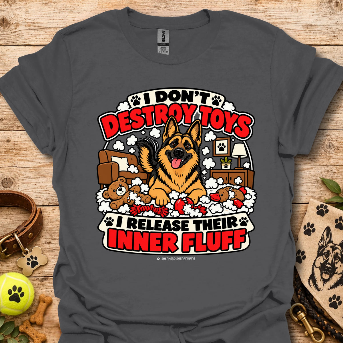 Charcoal T-shirt with large dog graphic and “Inner Fluff” slogan