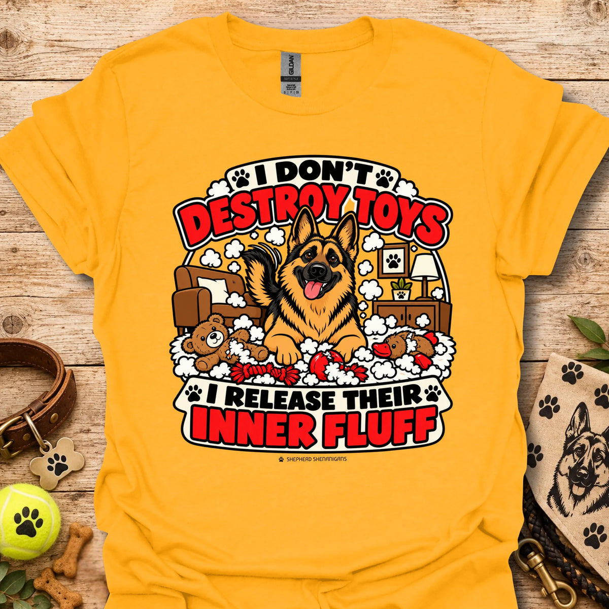 Gold T-shirt with large dog graphic and “Inner Fluff” slogan