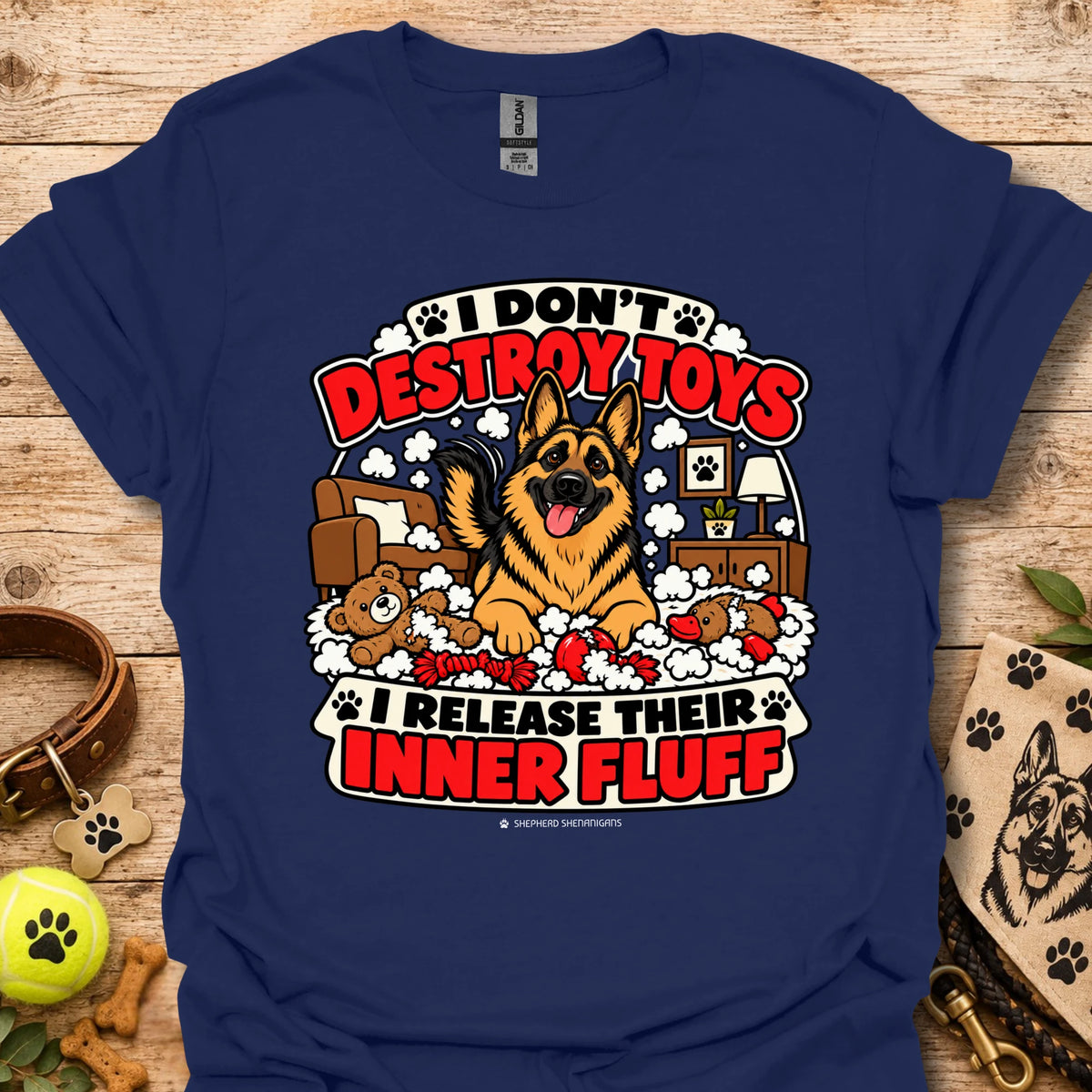 Navy T-shirt with large dog graphic and “Inner Fluff” slogan