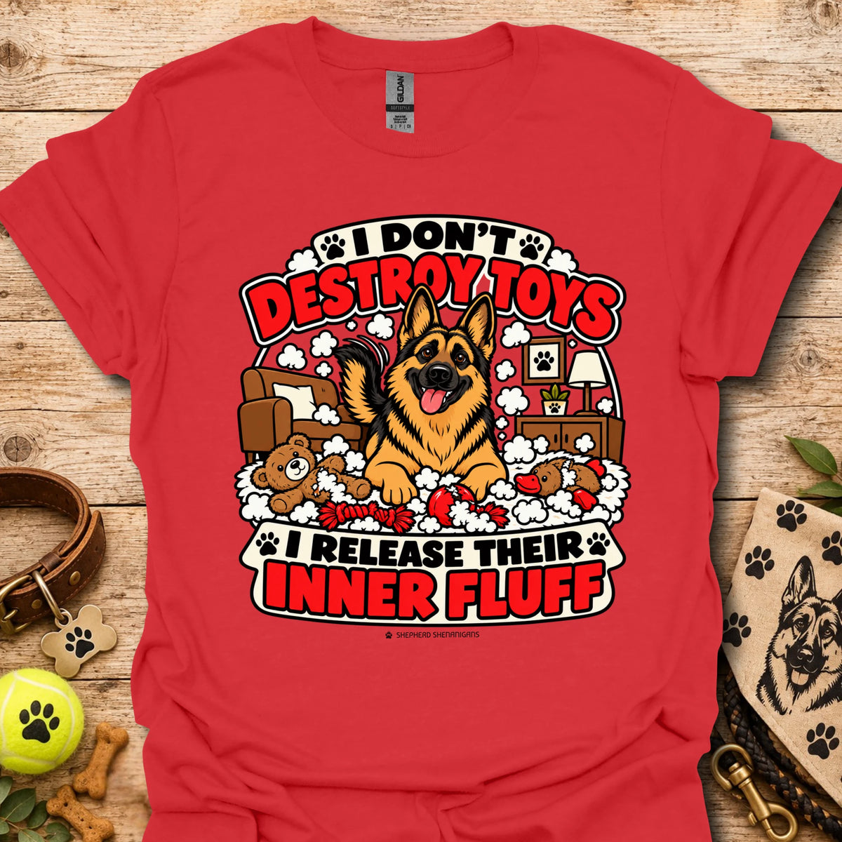 Red T-shirt with large dog graphic and “Inner Fluff” slogan
