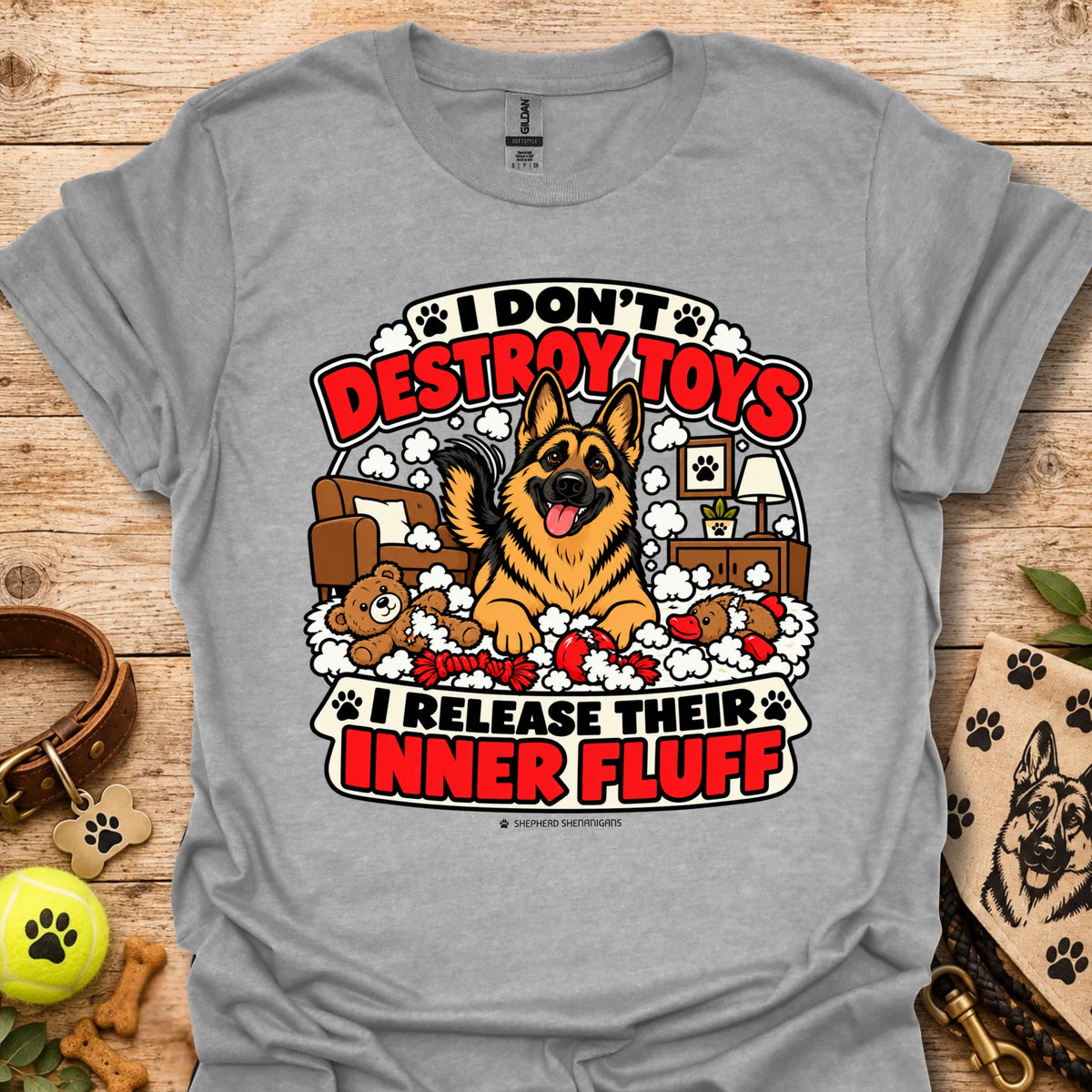 Sport grey T-shirt with large dog graphic and “Inner Fluff” slogan