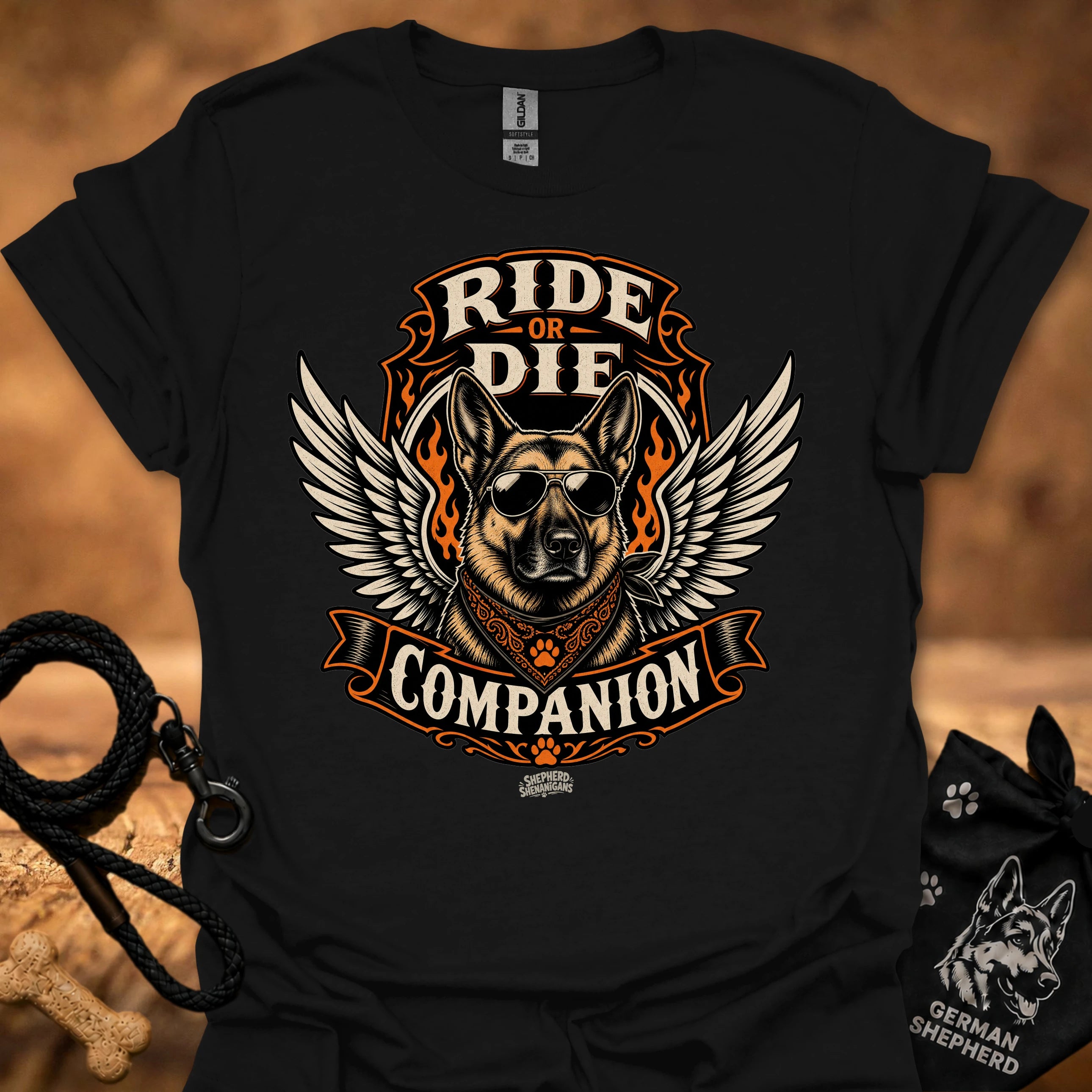 Black Ride or Die T-shirt with eagle-wing dog emblem and “Companion” ribbon design