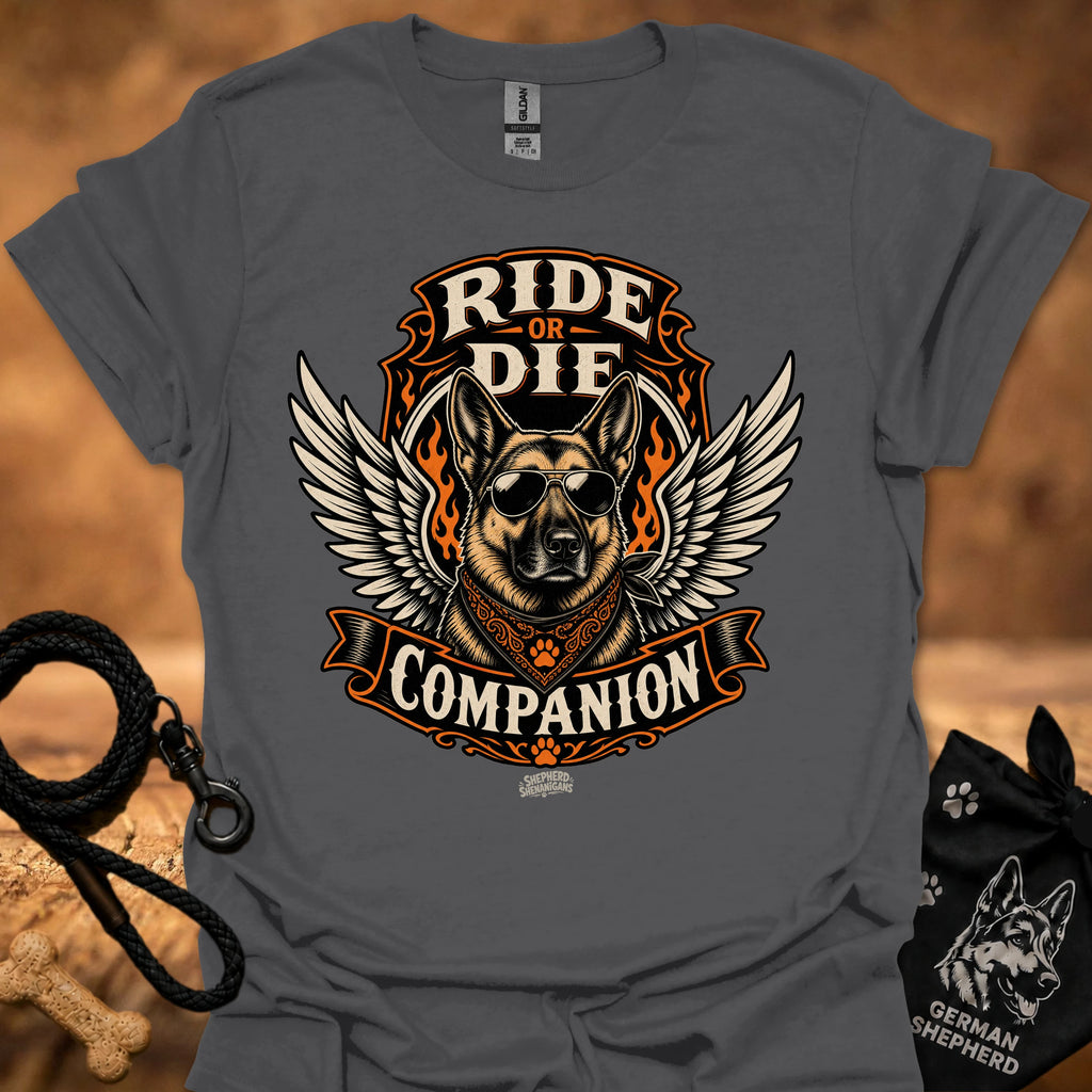 Charcoal Ride or Die T-shirt with large eagle dog graphic and “Companion” text
