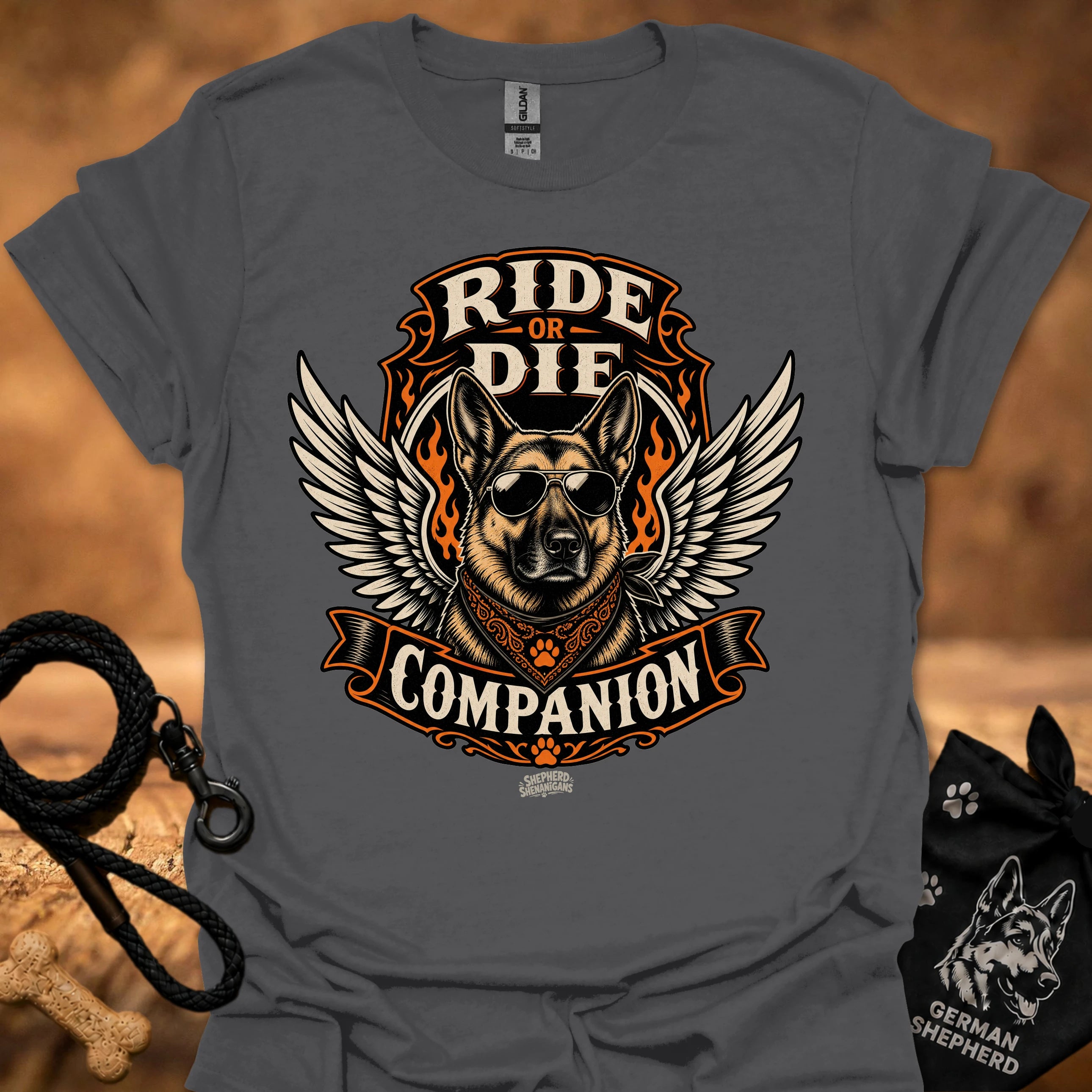 Charcoal Ride or Die T-shirt with large eagle dog graphic and “Companion” text