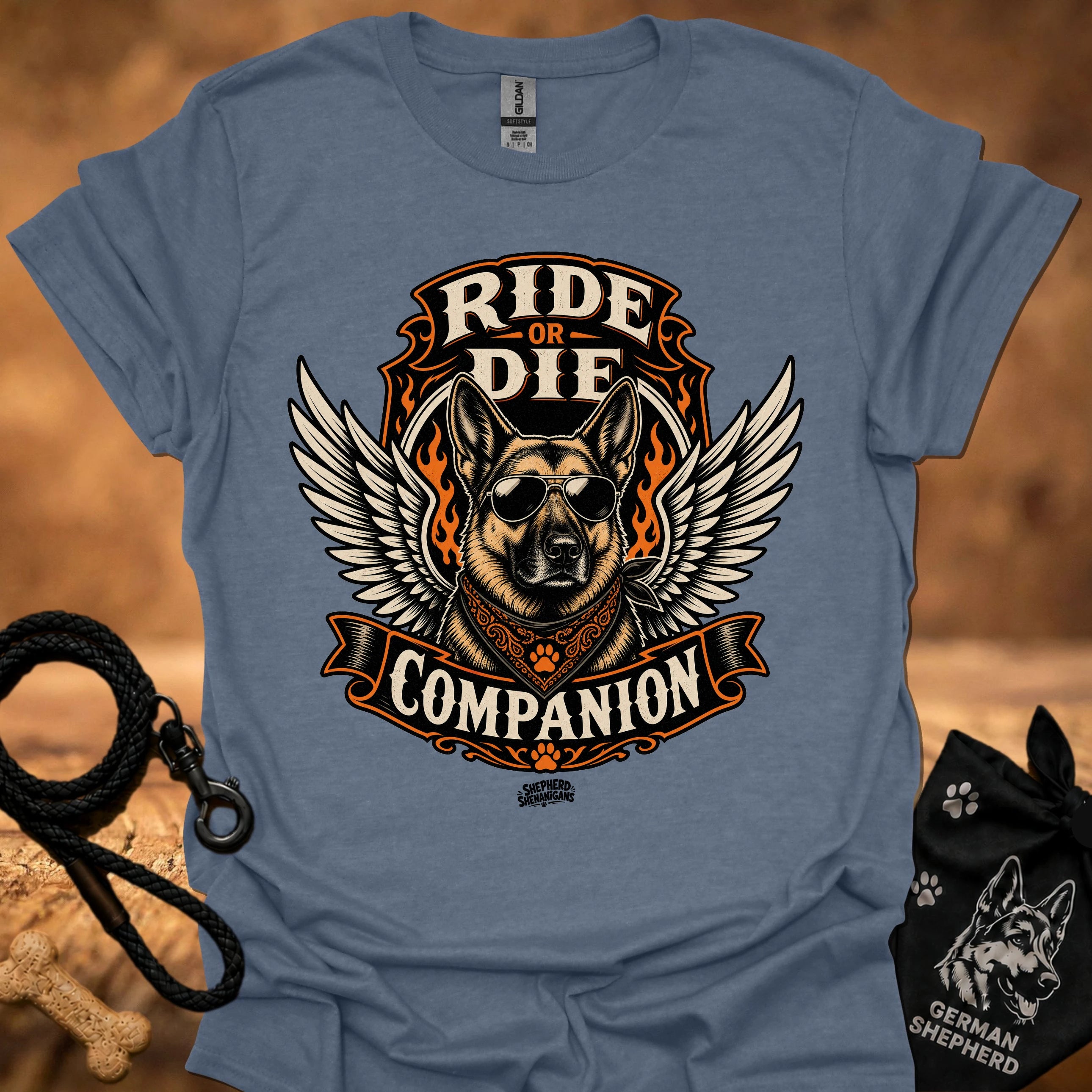 Blue Ride or Die T-shirt with eagle-wing dog graphic and “Companion” ribbon text